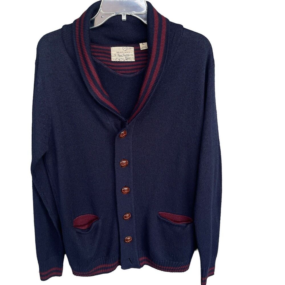 Brave Soul Mens Navy Burgundy Shawl Collar Cardigan Sweater Large Grandpa Winter